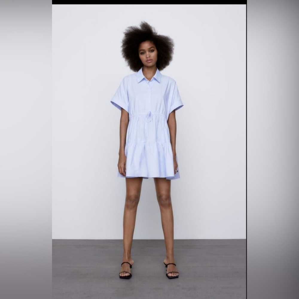 Zara Sky Blue Tiered Oxford Dress XS size
